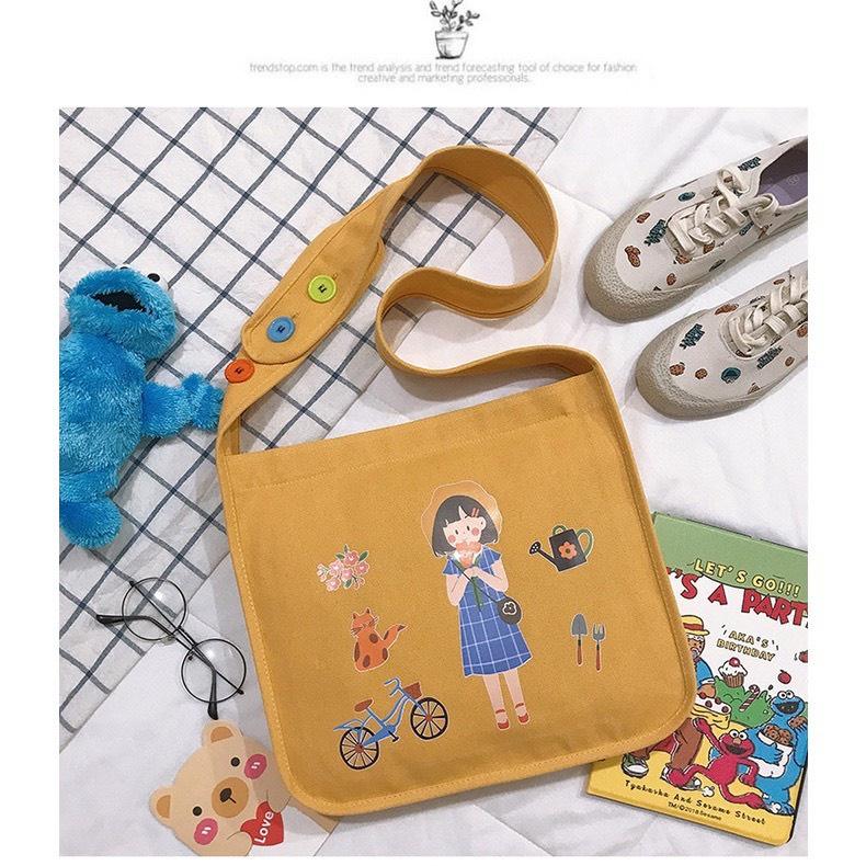 Túi TOTE đeo chéo SAM CLO bag canvas thời trang Hàn Quốc ULZZANG kèm phụ kiện dễ thương, đi chơi, đi học in hình CÔ GÁI