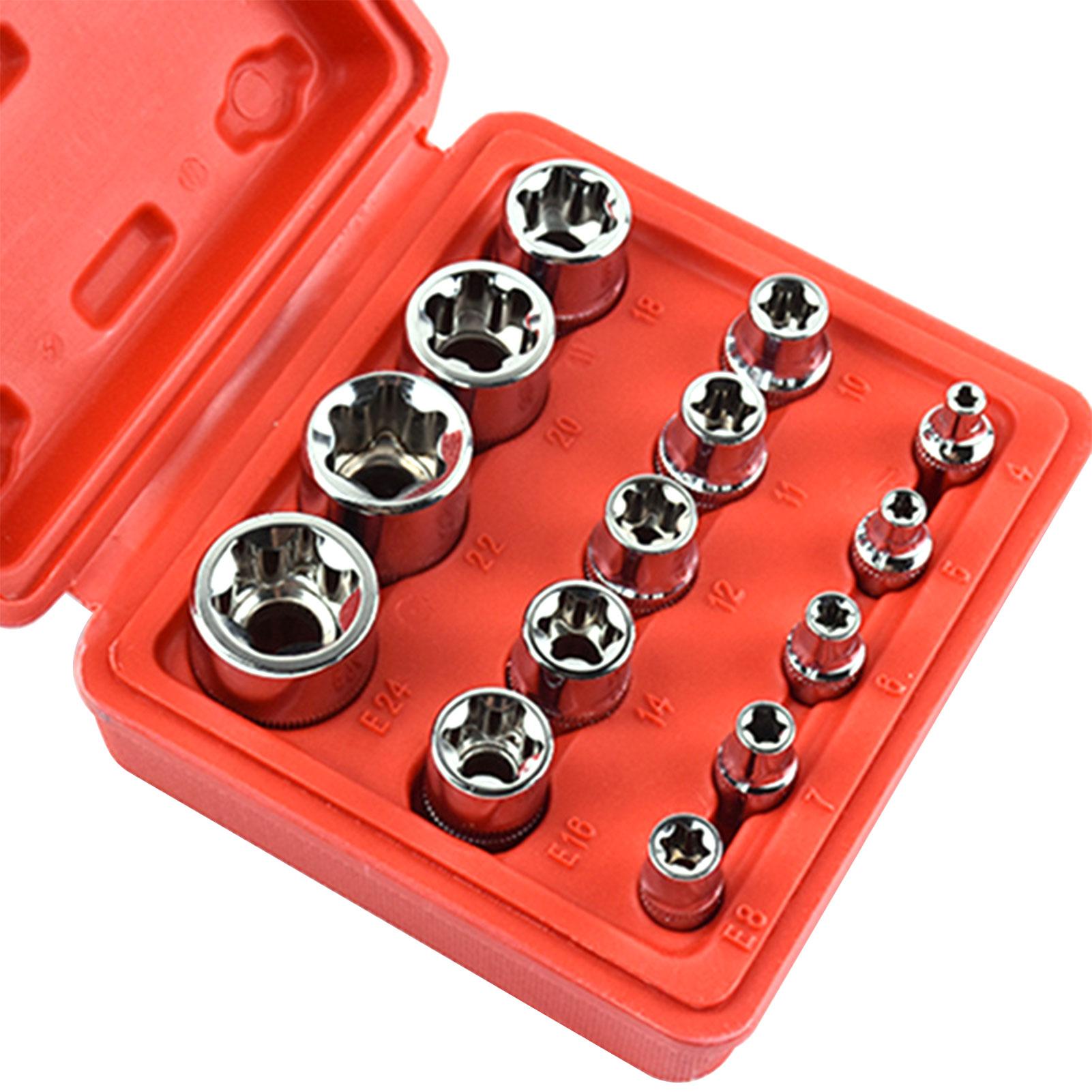 14Pcs Female Star Bit Sockets Set 1/2'' 3/8'' 1/4'' Drive Sockets E4 -E24 with Storage Box