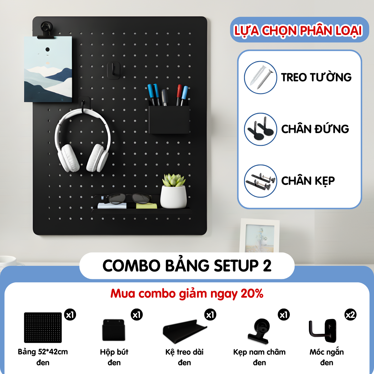Pegboard Dola Home Setup Full KIM LOẠI không khoan tường để bàn phím, tai nghe, đồ dùng làm việc