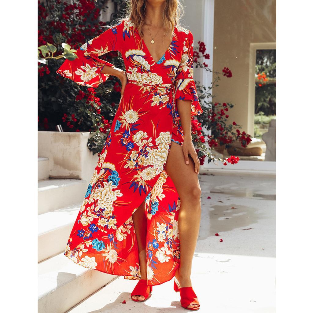 Women's V Neck Floral High Split Loose Dress Stretch Casual Long Maxi Dress