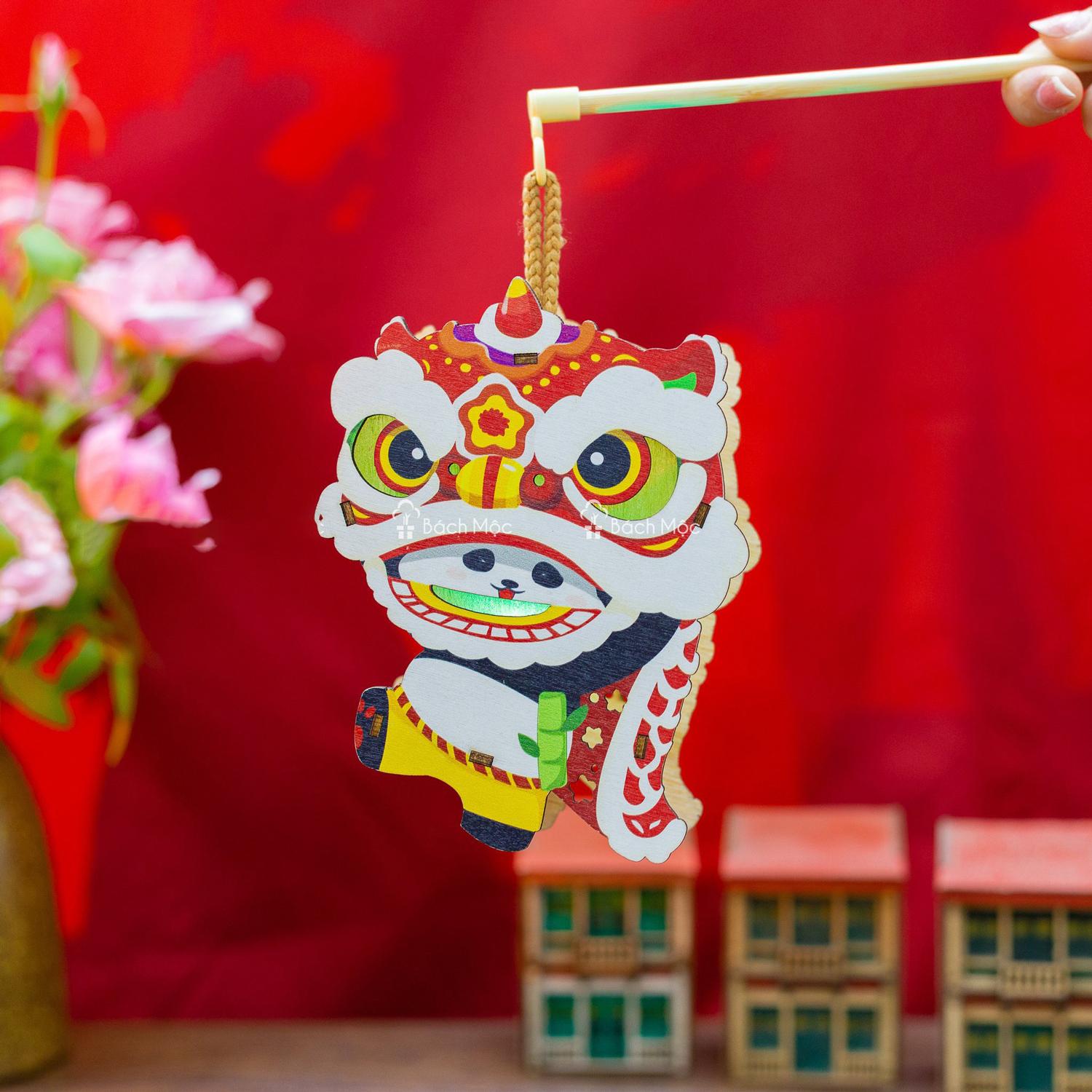 Lồng Đèn Trung Thu Gỗ 2 Mặt Màu - Bách Mộc - Gấu Trúc