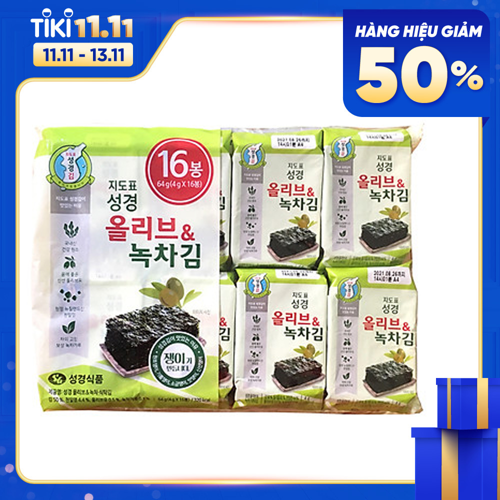 Bịch 16 Gói Lá Kim Ăn Liền Hàn Quốc Vị Trà Xanh Và Oliu Sung Gyung (16 gói x 4g)