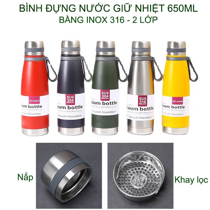 Bình đựng nước giữ nhiệt bằng inox 316 với 2 lớp giữ nhiệt 8-12 tiếng, dung tích 650ml