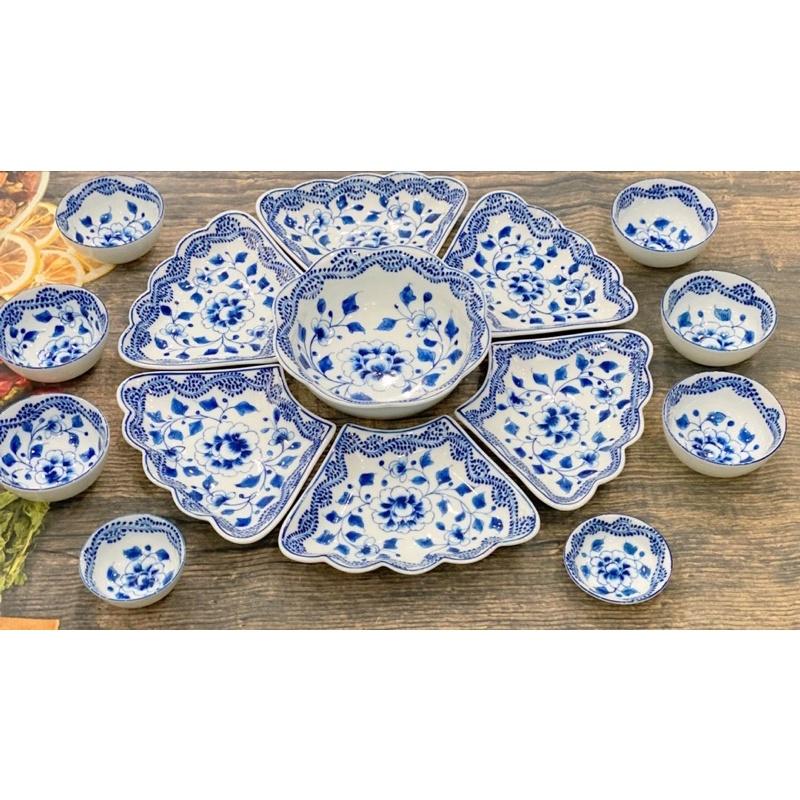 Set hoa mặt trời 15 món men lam, hoạ tiết hoa Sen dây- Phù dung me vẽ thủ công. Gốm sứ Bát Tràng.