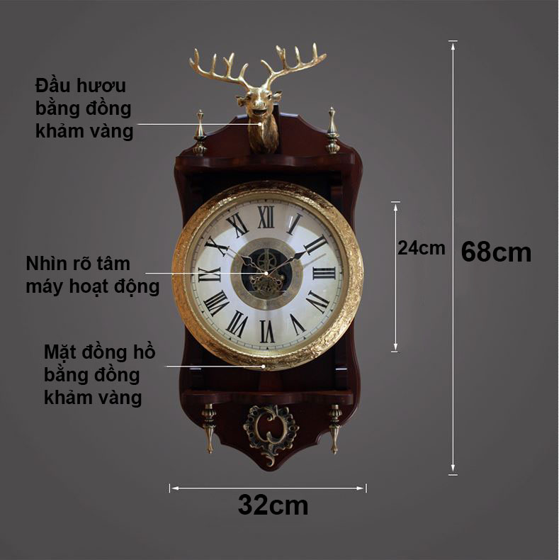 Đồng hồ treo tường tân cổ điển Châu Âu, Đồng hồ quả lắc chất liệu Đồng khảm Vàng 24K Cao Cấp, kích thước 32x68cm, động cơ tĩnh âm, quả lắc dao động, Mã DH68