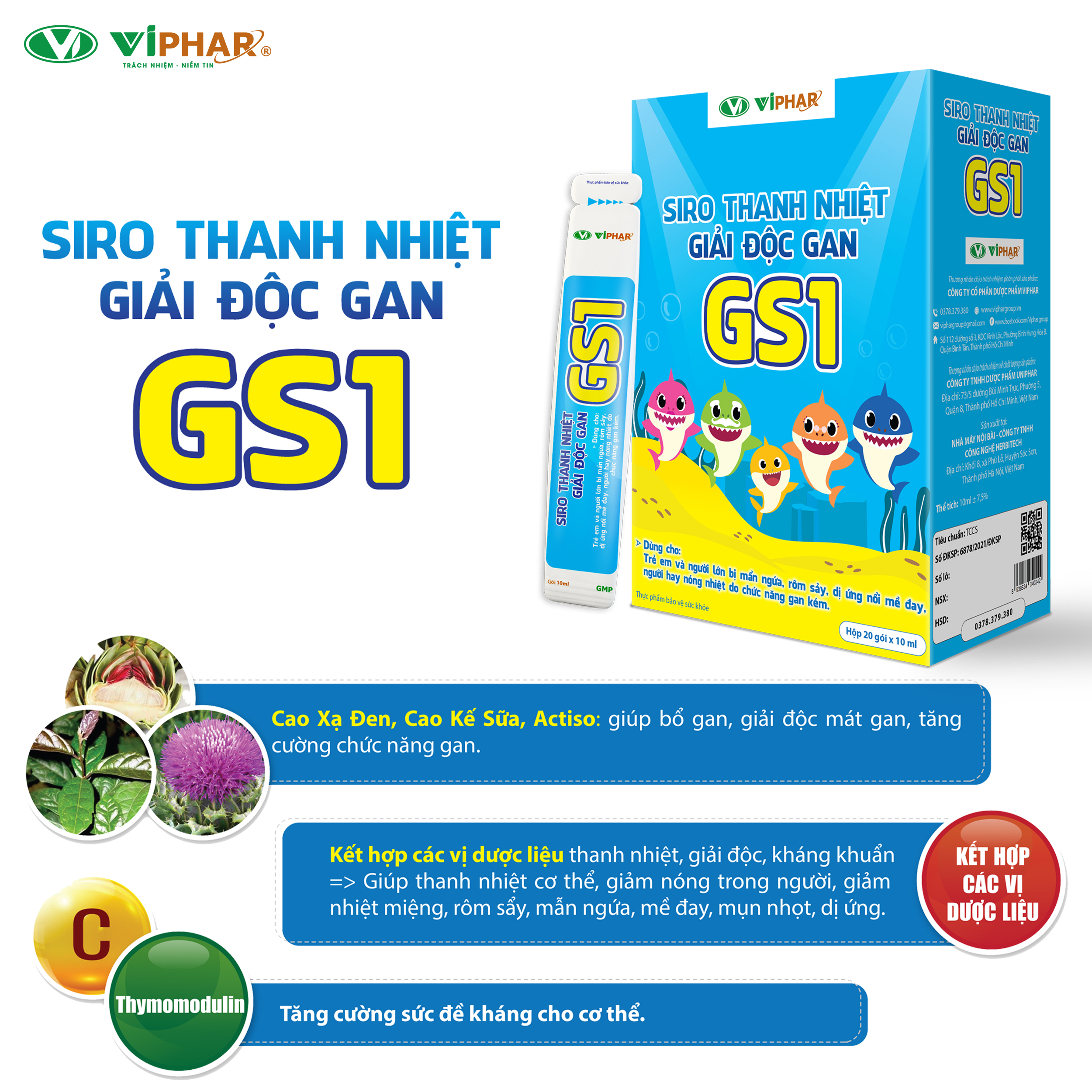 Gói Uống Thanh Nhiệt, Giải Độc Mát Gan, Giảm Rôm Sảy, Mẫn Ngứa, Mề Đay GS1 VIPHAR Hộp 20 Gói 10 Ml