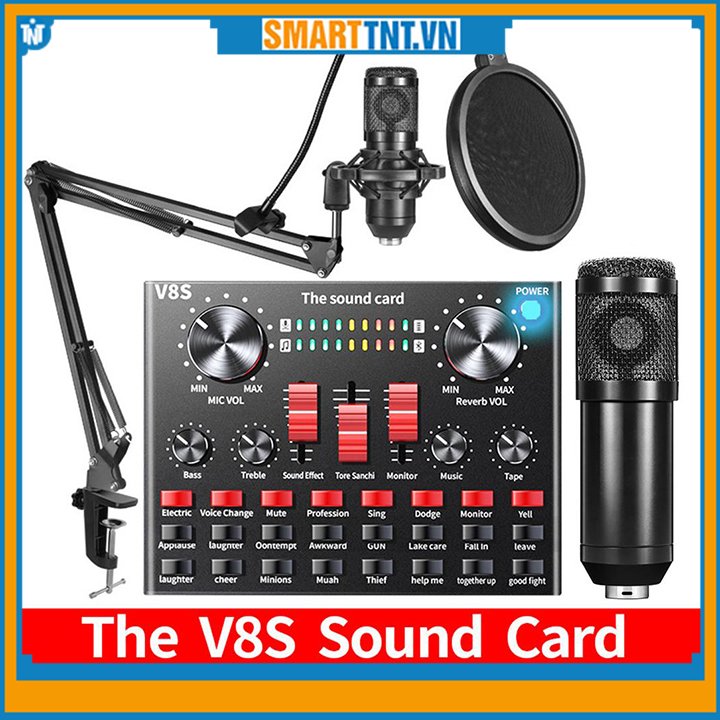 Trọn bộ sound card âm thanh V8S micro thu âm BM900 và phụ kiện kèm dây livestream