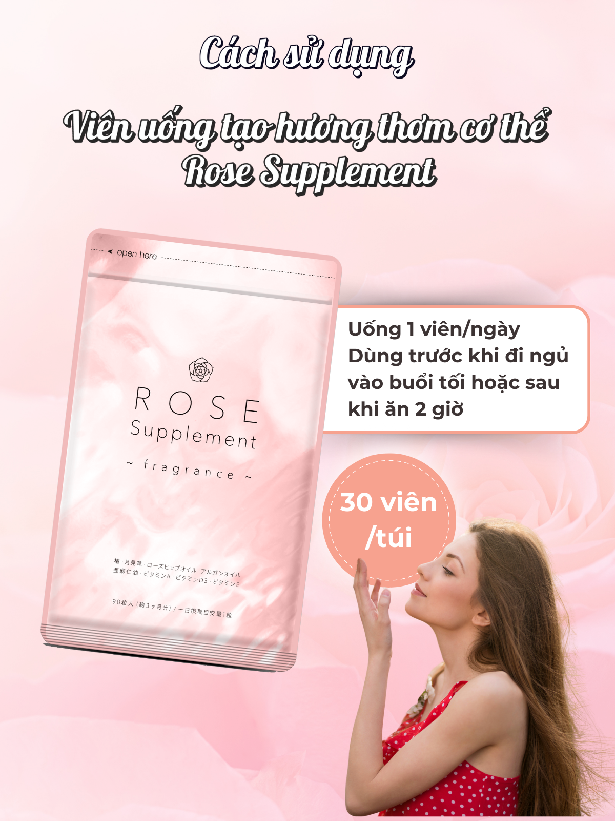 Combo 2 Gói Viên Uống Hoa Hồng Tạo Hương Thơm Tự Nhiên Cho Cơ Thể Rose Supplement Seedcoms Nhật Bản