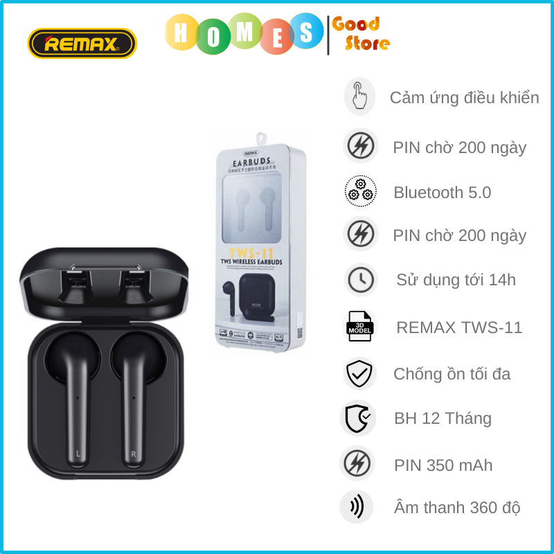 Tai nghe True Wireless Remax TWS-11 Cao Cấp, Thời Gian Nghe 14 Tiếng, Bluetooth 5.0, Âm Thanh 360 Độ - Hàng Chính Hãng