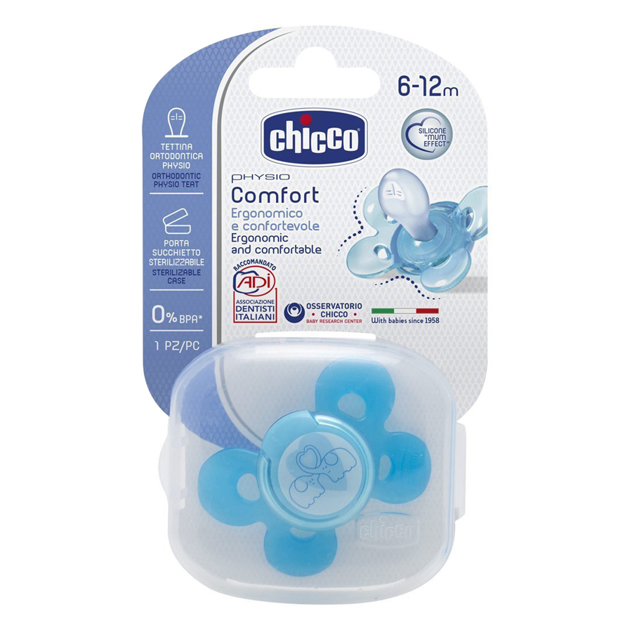 Ty Ngậm Silicon Physio Comfort Voi Xanh Có Hộp 6M+ Chicco