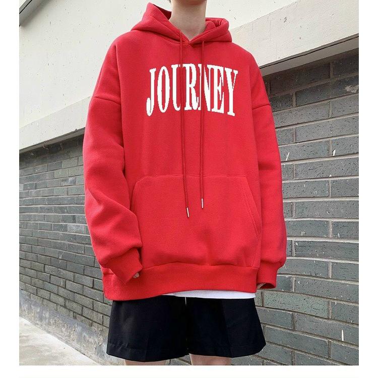 ÁO KHOÁC NỈ HOODIES FORM RỘNG CÓ MŨ HOẠ TIẾT CHỮ JOURNEY MÀU DỎ CỰC ĐẸP , BAO HOT CHO CÁC BẠN TRẺ