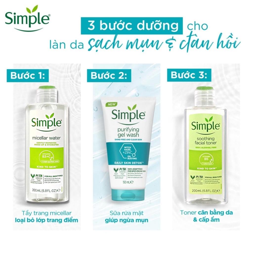 Combo 3 Simple Tẩy trang Micellar 200ml + Sữa Rửa Mặt Ngừa Mụn Xanh Ngọc 150ml + Nước hoa hồng Toner 200ml