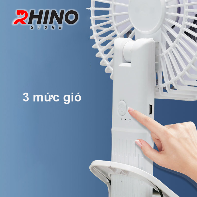 Quạt cầm tay mini siêu mát Rhino F402 tích điện với 3 mức độ gió, kèm đế, lượng pin cao - Hàng chính hãng