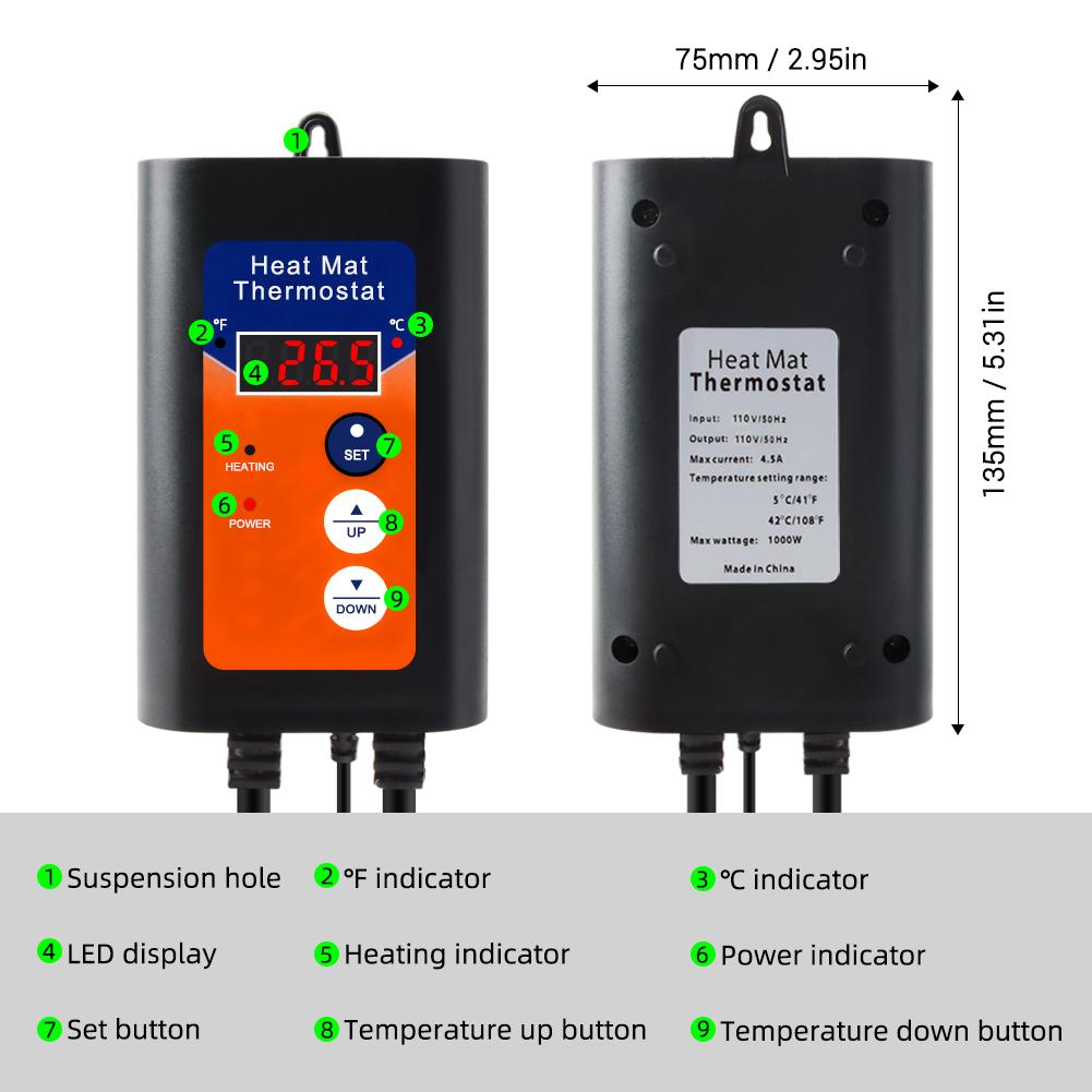 Bộ điều nhiệt kỹ thuật số Heat Mat 1000W 110V 41-108℉ Bộ điều khiển nhiệt độ với màn hình LED cho cây con Bò sát nảy mầm thủy canh Lên men