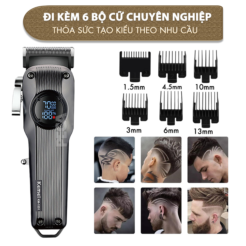 Tông đơ cắt tóc chuyên nghiệp Kemei KM-1551 công suất mạnh 5W màn hình LCD sạc nhanh USB type C tiện lợi - Chính hãng