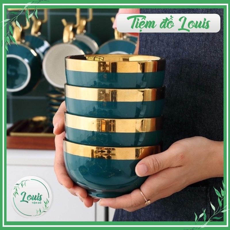 Bát cơm Chén sứ ăn cơm xanh viền vàng cao cấp bản to bộ 6 bát decor phong cách Bắc Âu