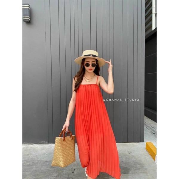 Đầm maxi dập ly hai dây cổ vuông siêu đẹp hình thật