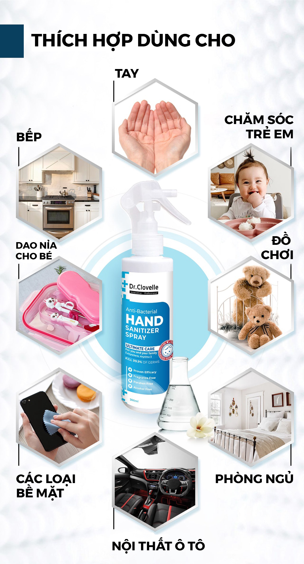 Bình xịt rửa tay Dr Clovelle đánh bay 99.99% vi khuẩn, không chứa cồn, thích hợp cho trẻ em có làn da nhạy cảm