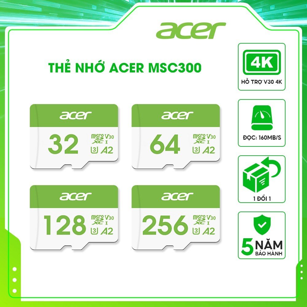 Thẻ nhớ Acer MicroSD Card MSC300 4K UHS-I tốc độ đọc/ghi lên đến 160/120MB/s - Hàng chính hãng bảo hành 5 năm | Thẻ nhớ camera chuyên nghiệp 64GB |128GB | 256GB