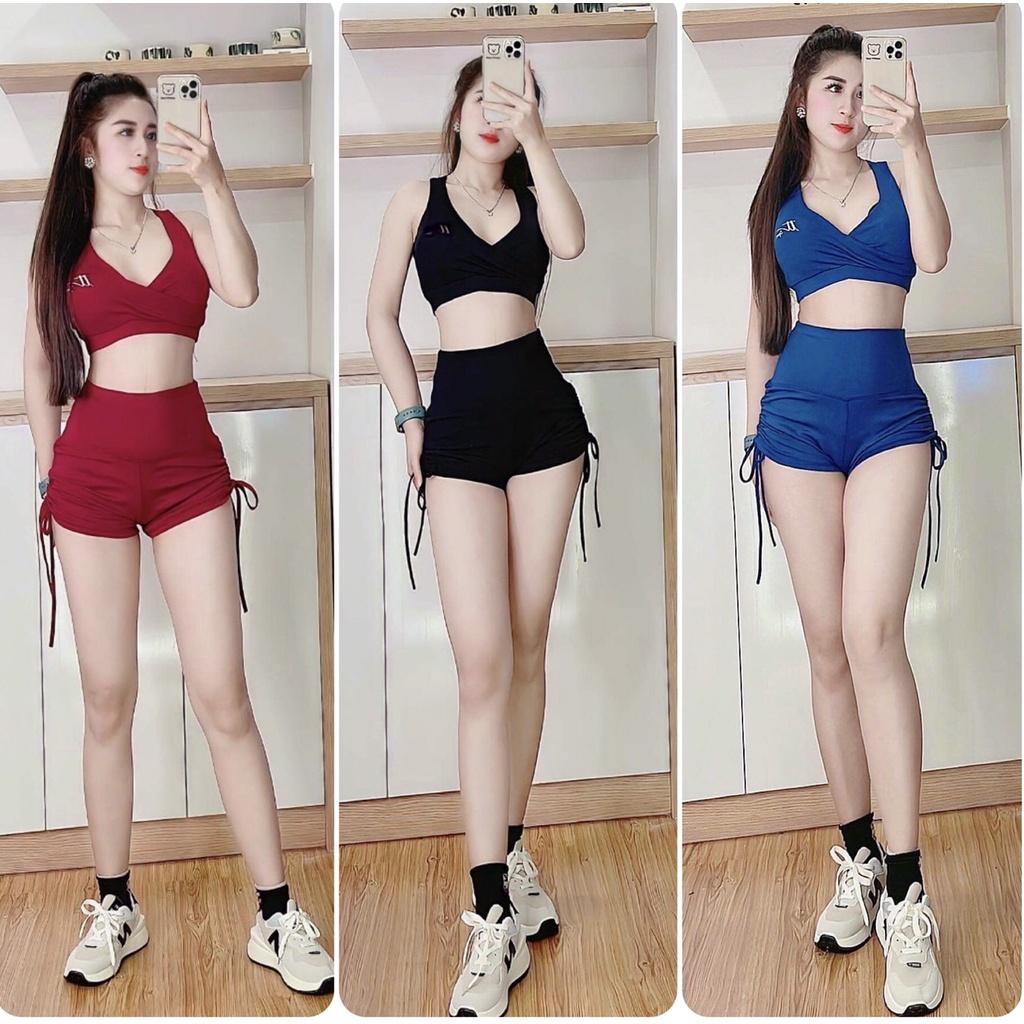 Set bộ đùi thể thao tập gym yoga nữ áo bra kèm mút quần đùi cạp cao rút dây( bộ sooc bra)