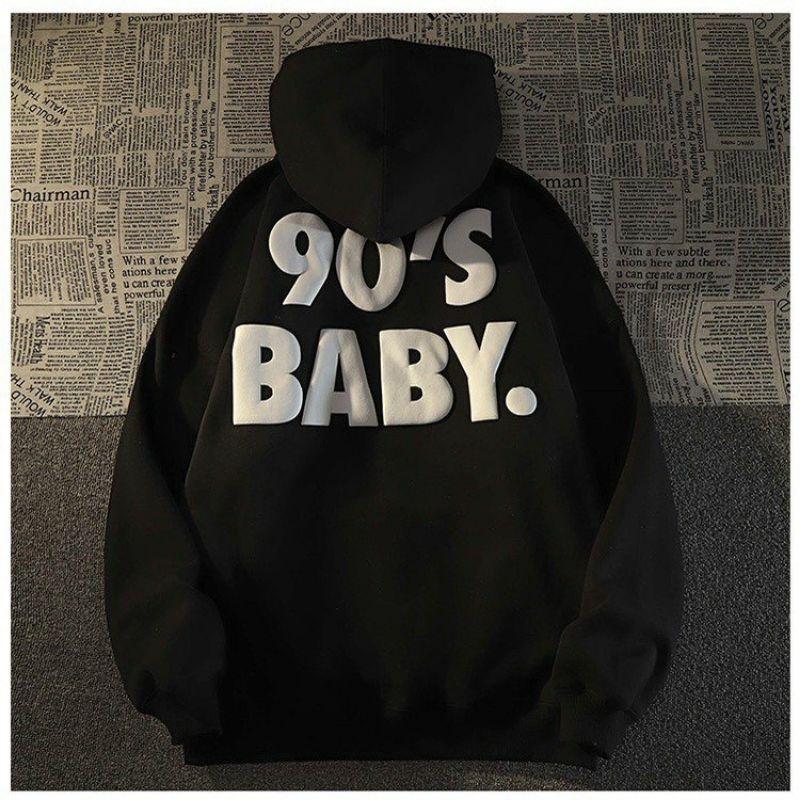 Áo khoác hoodie in 90's BABY chữ nổi form rộng full zip kéo,Áo khoác thu đông Nỉ nón to 2 lớp cao cấp unisex nam nữ