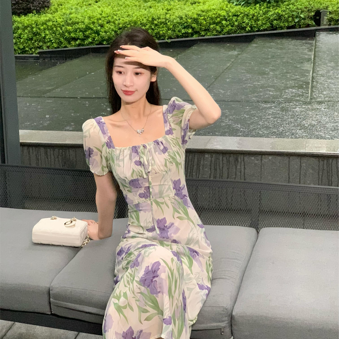 DONGSHOP Pháp Vintage vuông cổ in tay áo ngắn đuôi cá đầm nữ tính siêu tiên váy dài màu đen hoa chiffon đầm
