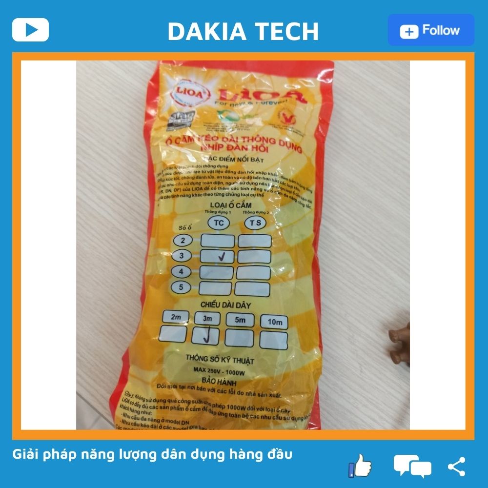 Ổ cắm Lioa 3 ổ 3TC3-2 dây 3m không công tắc