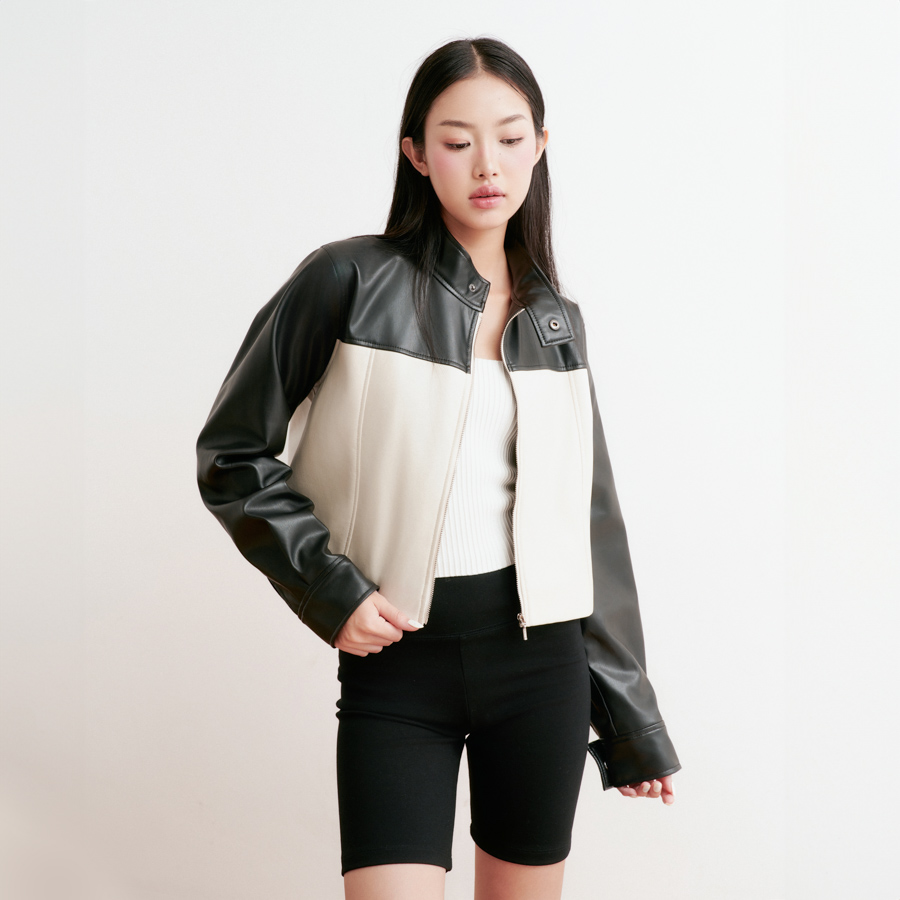 DOTTIE - Áo khoác da phối màu - Kem - T0842