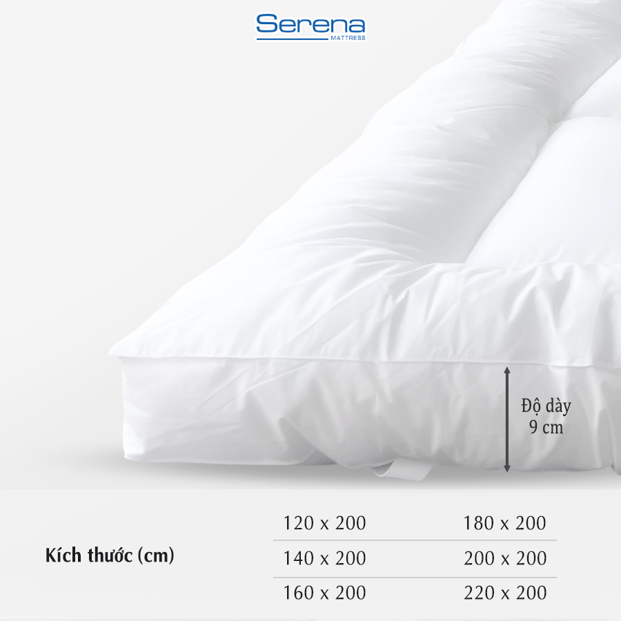 Nệm Topper dầy 10cm lông vũ Microfiber SERENA cao cấp - tấm chăn lót đệm niệm topper toper nệm lông vũ trải sàn giường ngủ khách sạn dày 1m2 1m4 1m6 1m8 chính hãng