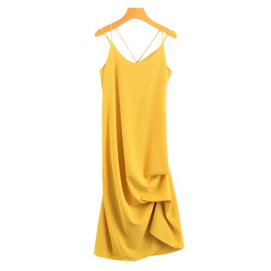 Đầm maxi 2 dây đi biển, váy maxi hai dây hở lưng, thiết kế suông dáng dài, chất liệu lụa linen. màu vàng, xanh VD010