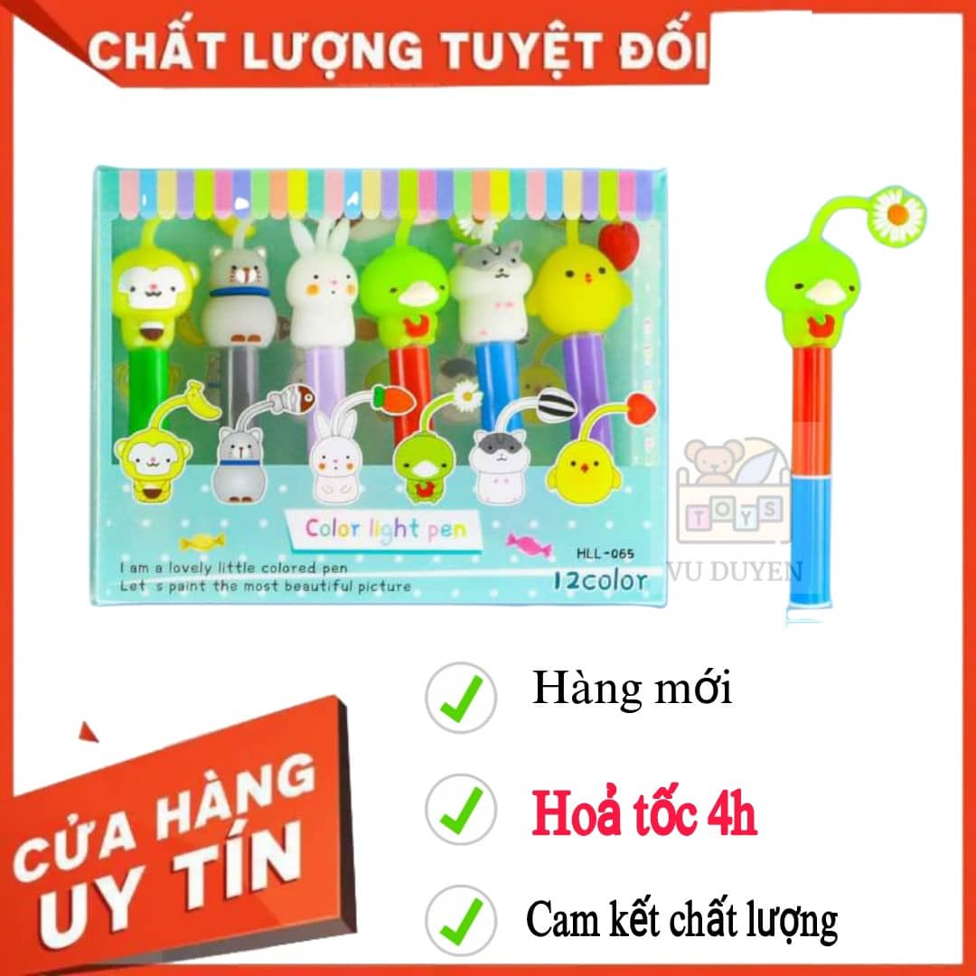 Hộp 6 cây bút dạ quang hoạt hình 12 màu dễ thương xinh xắn