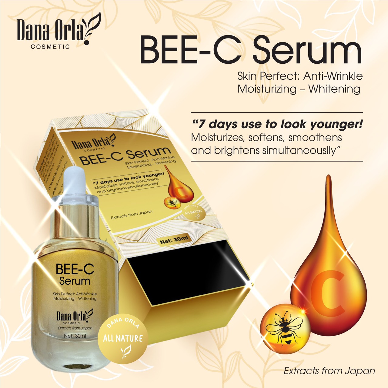 Serum dưỡng trắng da, dưỡng ẩm, giảm nhăn da, chống lão hóa Dana Orla (BEE-C SERUM) - 30 ML