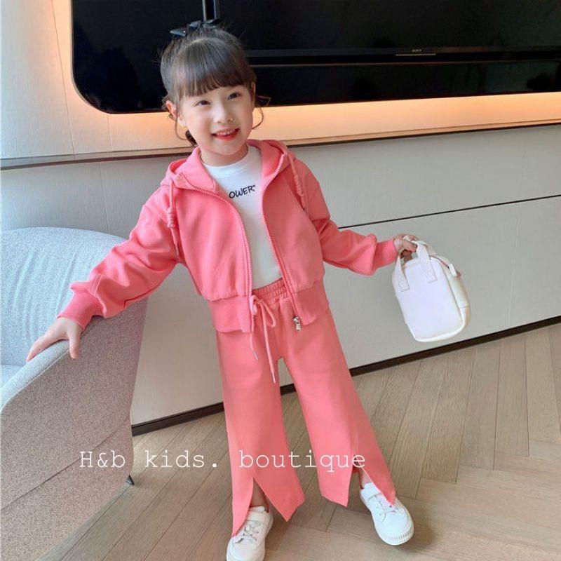 Hoodie - Bộ thể thao bé gái, áo khoác, quần ống rộng xẻ năng động kèm áo cotton mềm mịn size 12-22kg