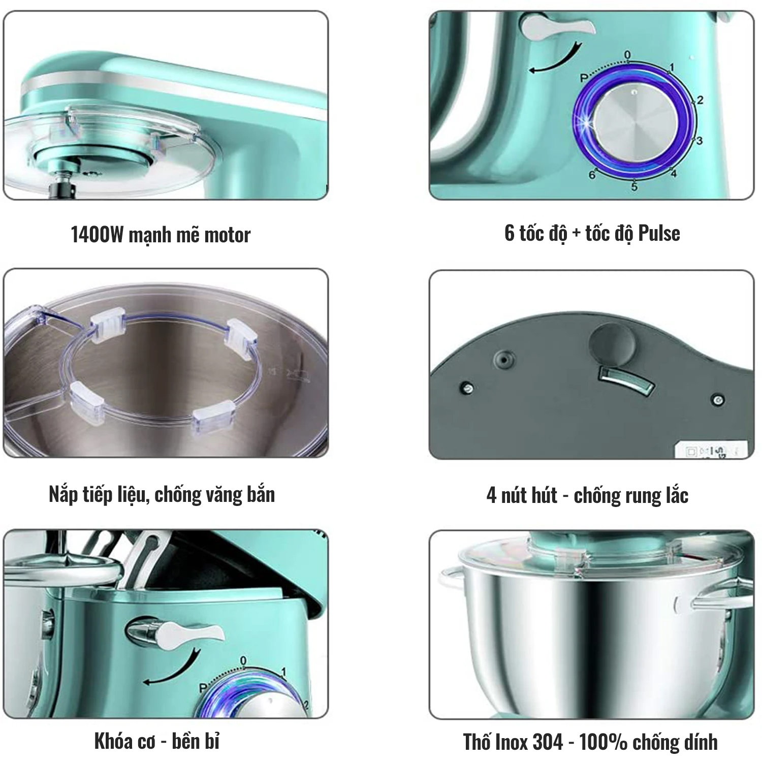 Máy Trộn Thực Phẩm Làm Bánh SM02 Đa Năng 3 Trong 1, Có Nắp Tiếp Liệu, Thố Inox 304 Dung Tích 5.5 Lít, Hàng Chính Hãng