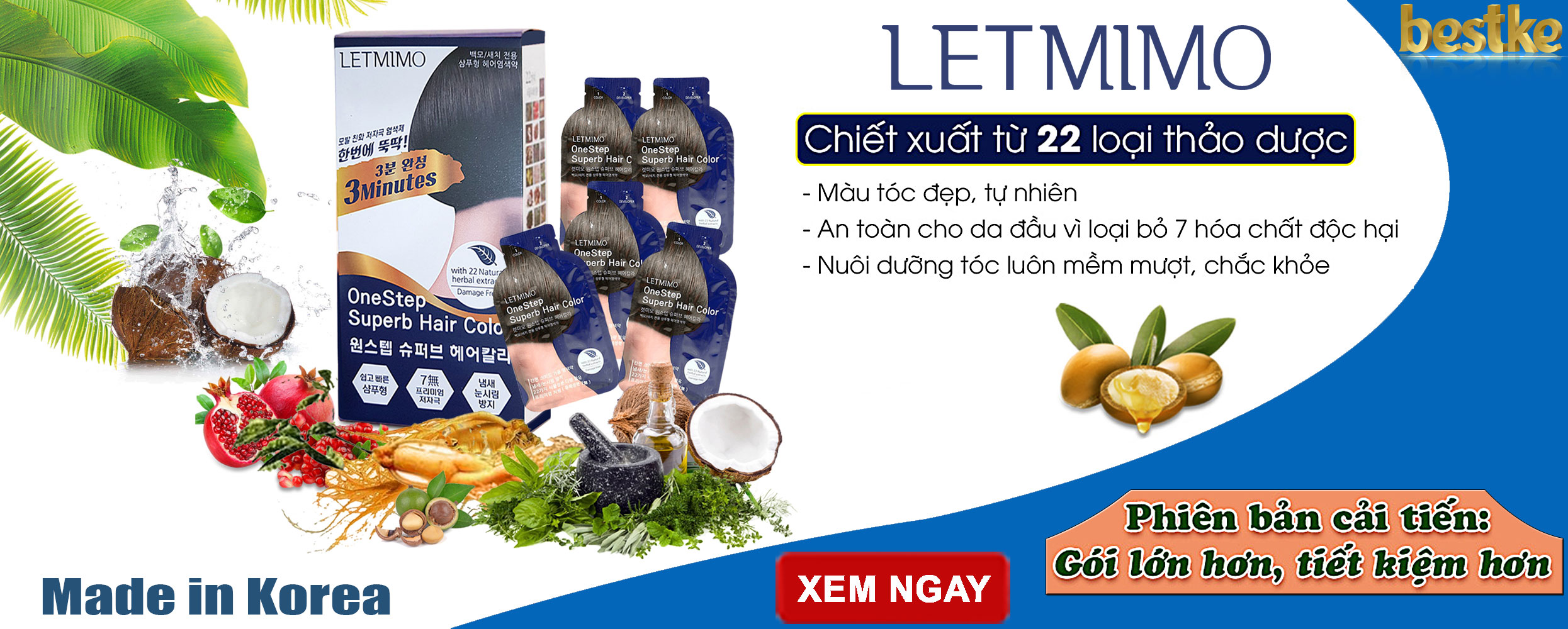 Bộ 4 Hộp = 20 gói màu nhuộm tóc thảo mộc Nâu Đen_2N LETMIMO + QUÀ TẶNG 2 khăn gội 83*33 &amp; 3 khăn mặt bestke 48*28cm