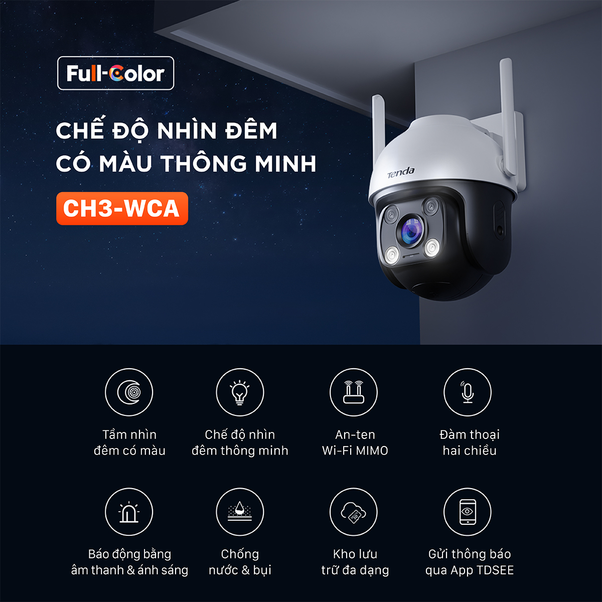 [Hàng hot ] Camera Wifi Ngoài Trời Xoay 360° Tenda CH3 Độ Phân Giải 1080P/2MP đàm thoại 2 chiều, ban đêm có màu - Hàng chính hãng