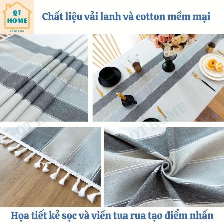 Khăn Trải Bàn Cao Cấp Bằng Vải Lanh Cotton Màu Xám Nhạt Viền tua rua