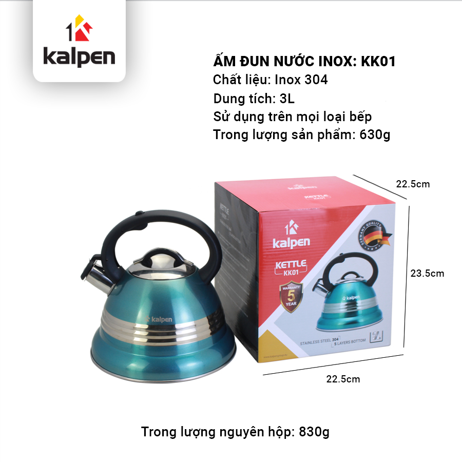 Ấm đun nước inox cao cấp Kalpen KK01-3L, Hàng Chính Hãng