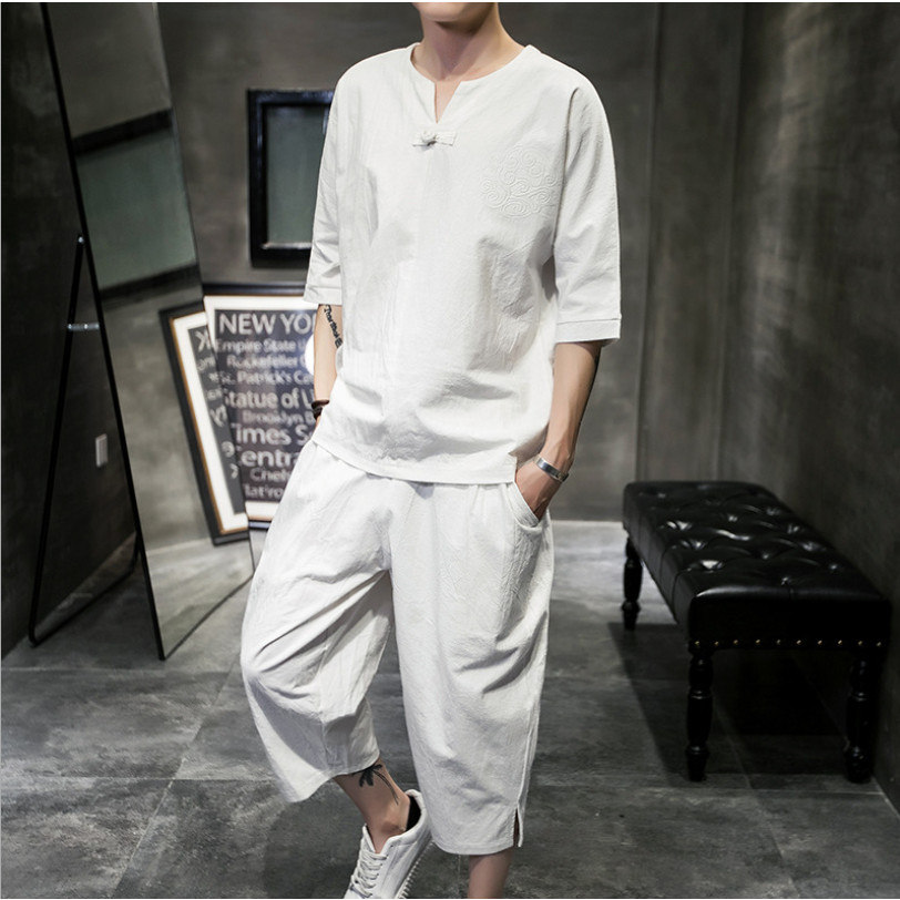 Bộ Set Đũi Lửng Cho Nam Màu Trắng Thêu