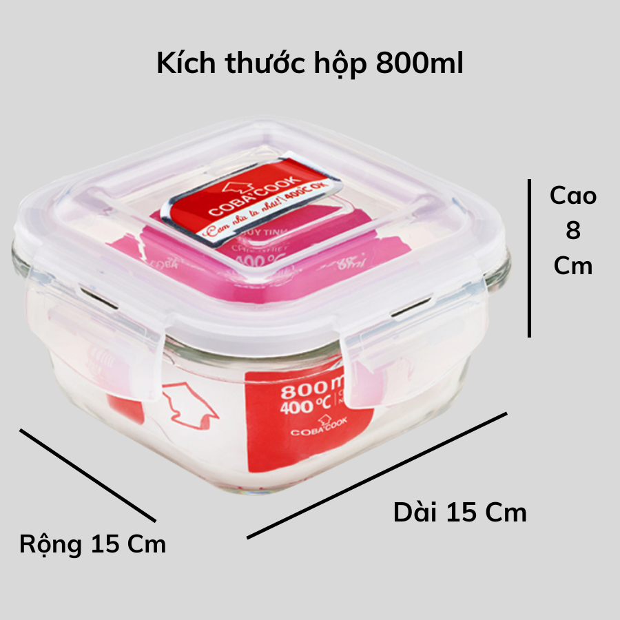 Hộp thủy tinh hộp đựng cơm trữ thức ăn chịu nhiệt COBA'COOK hộp vuông 800ml- CBHS800