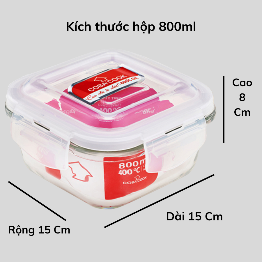 Bộ 3 hộp thủy tinh hình vuông trữ thực phẩm chịu nhiệt 1 hộp 800ml 2 hộp 530ml COBA'COOK-CCS8S53