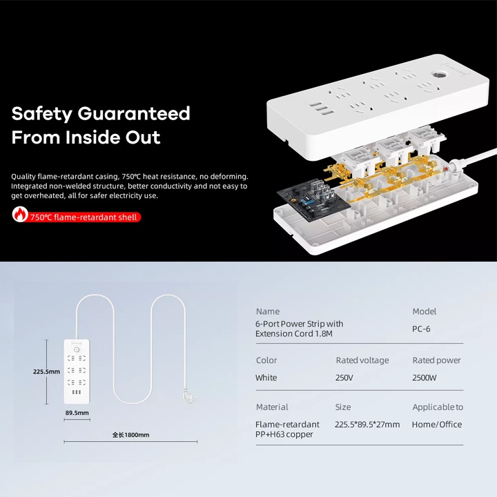 Ổ cắm điện Remax Power Strip PC-6 chui dẹp tích hợp 6 cổng sạc USB - HÀNG CHÍNH HÃNG