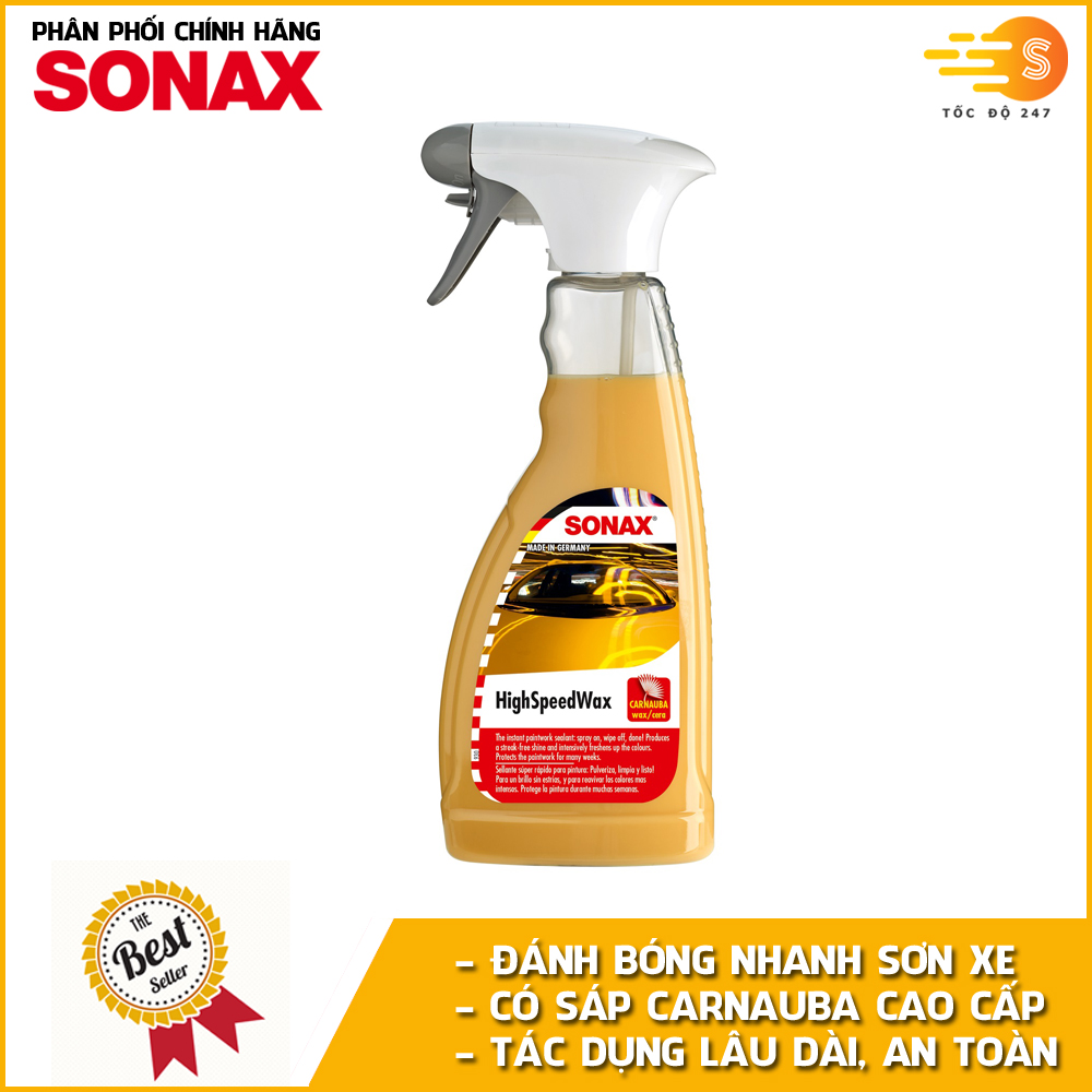 Chai xịt đánh bóng nhanh và bảo vệ sơn xe khi ướt Sonax 288200 500ml - có sáp Carnauba, dùng được trên nhựa, cao su, tác dụng lâu dài