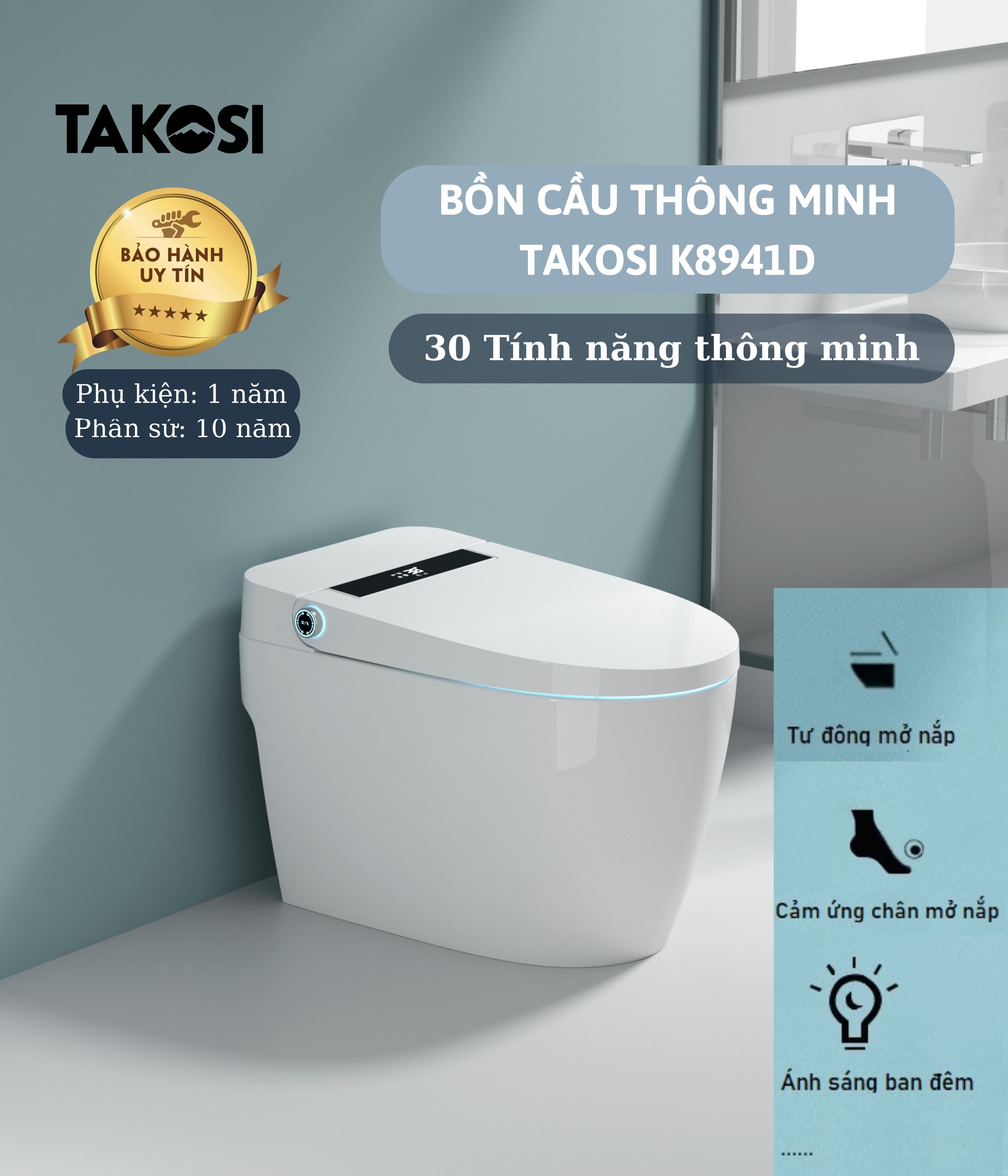 Bồn cầu thông minh xịt nước tự động đa chức năng TAKOSI K8941D dùng gia đình,khách sạn - hàng chính hãng bảo hành 10 năm