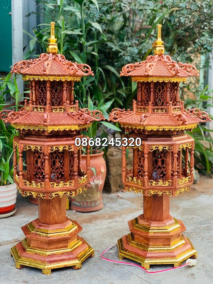 Cặp đèn thờ hình tháp gỗ hương kt 60×28×28cm