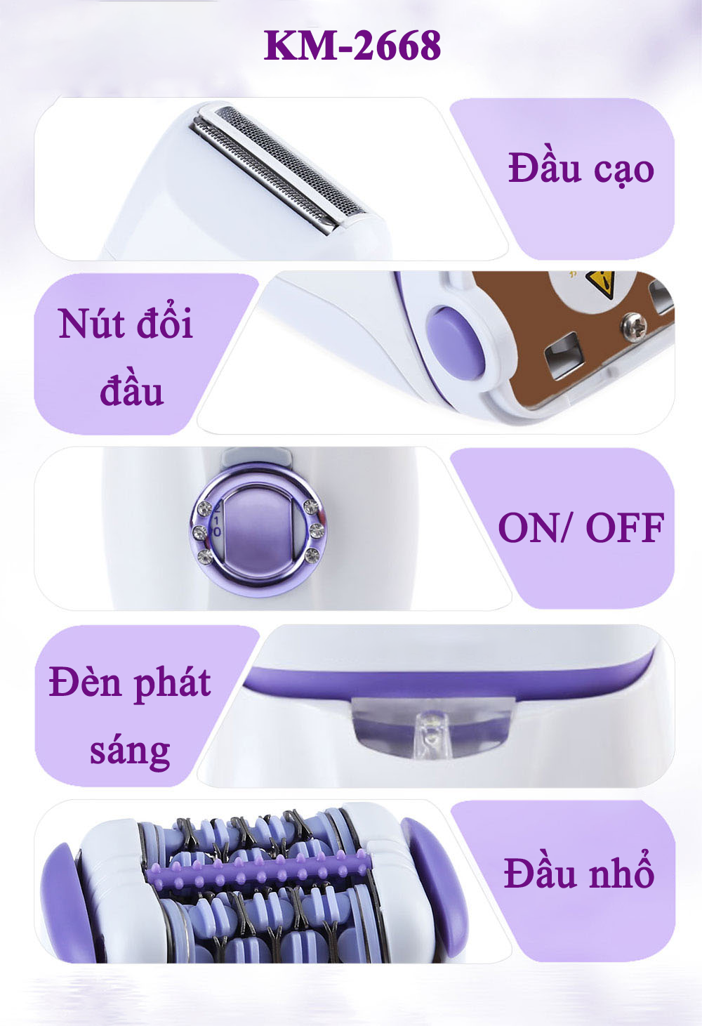 Máy tẩy lông tẩy và nhổ lông toàn thân, cạo lông tay chân, tẩy sạch lông vùng bikini sử dụng pin sạc chuyên nghiệp điều chỉnh 2 Đầu Thay Thế