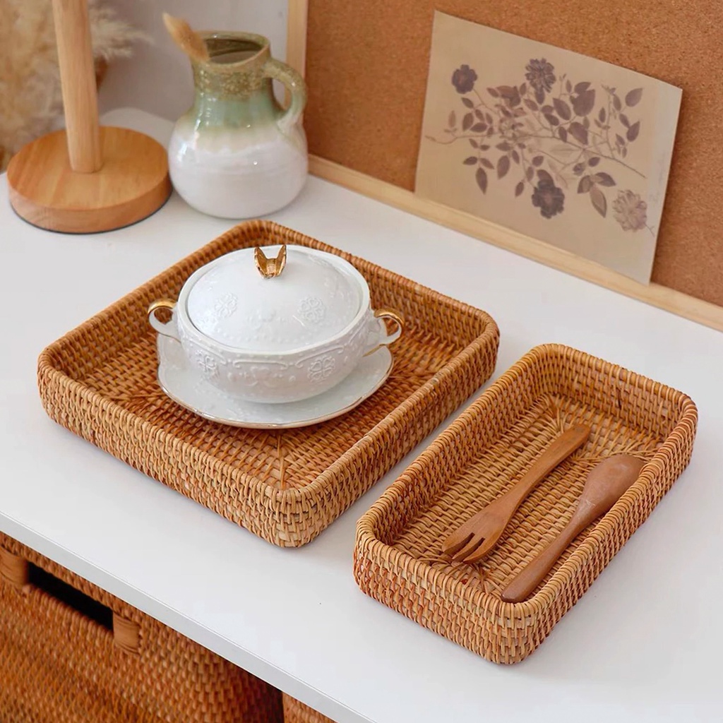 Khay mây đựng bánh URSPACE trang trí tiệc, decor chụp ảnh sản phẩm/ SET OF 3 RECTANGLE RATTAN TRAY