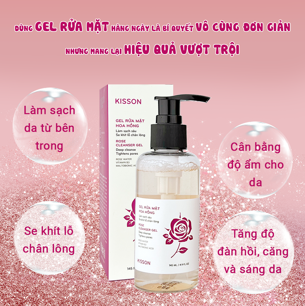 Gel rửa mặt hoa hồng KISS ON sạch sâu, cấp ẩm, thu nhỏ lỗ chân lông, nuôi dưỡng làn da mịn màng, sáng khỏe 145ml JN-KI-GEL01