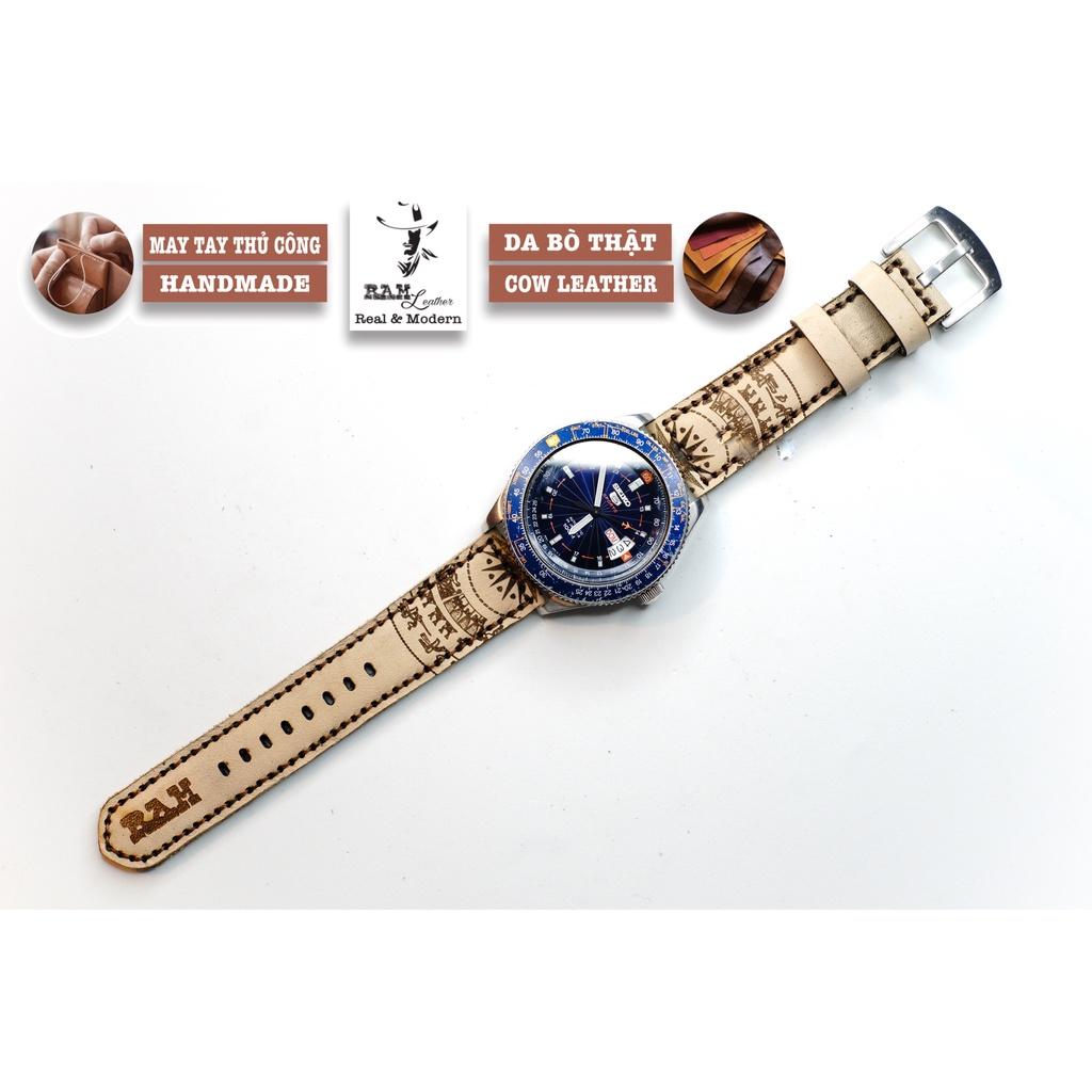 Dây đồng hồ trống đồng da bò thảo mộc vegtan trắng tinh khôi handmade bền chắc - chính hãng RAM Leather