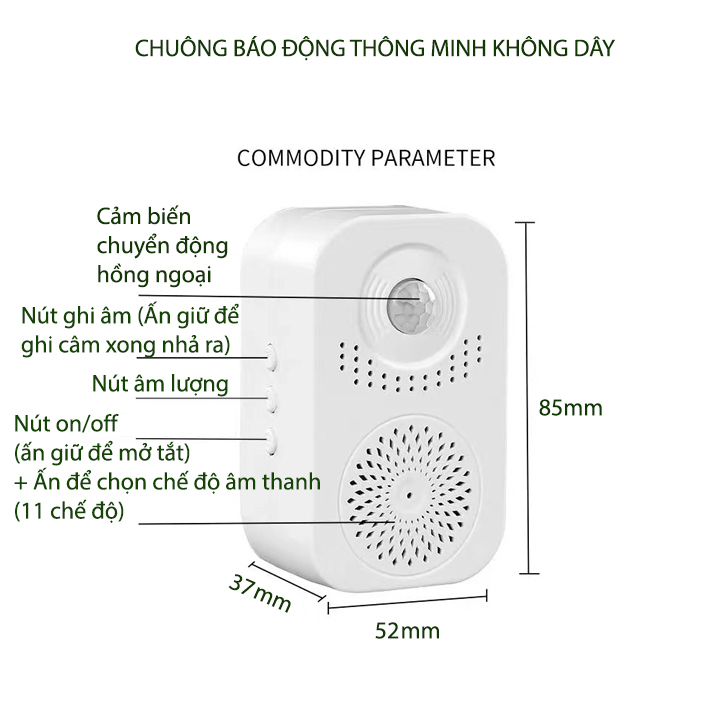 Chuông báo động, nhắc nhở bằng giọng nói không dây, cảm biến thông minh (có chế độ tự ghi âm giọng nói)